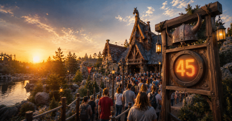File d’attente de visiteurs devant une attraction nordique avec affichage du temps d’attente